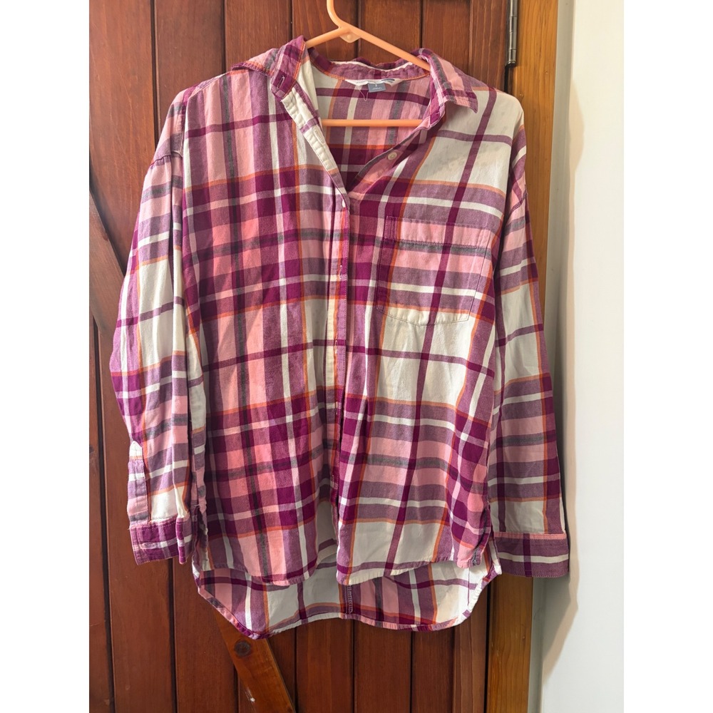Old Navy Boyfriend Shirt Womens‎ Small Pink Purple Plaid Flannel Button Down Top